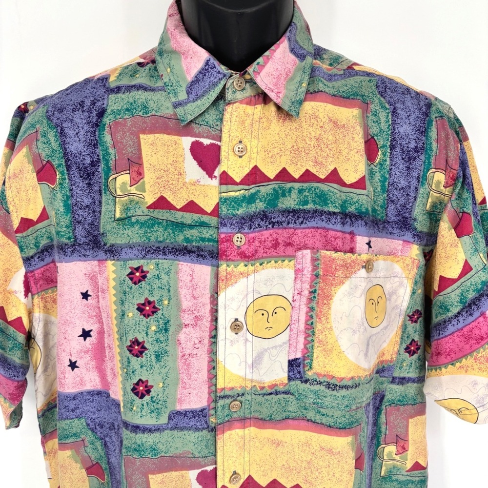 Bisbee Mens Washed Silk Button Down Shirt Sun Face Heart Star Novelty 90s Sz S